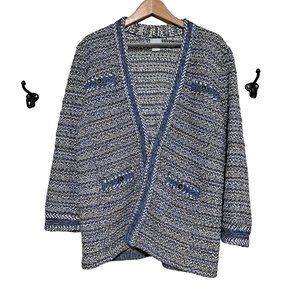Chicos Tweed Sweater Jacket Woman Size 2 or Large Blues Grays Neutral Coastal